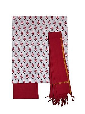 Red & White Handloom Mangalagiri Cotton Plain Unstitched Salwar Suit with Temple Border for Women Red & White Handloom Mangalagiri Cotton Plain Unstitched Salwar Suit with Temple Border for Women