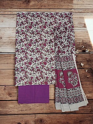 Purple & Maroon Cotton Hand Block Print Unstitched Salwar Suit Set with cotton Dupatta for Women