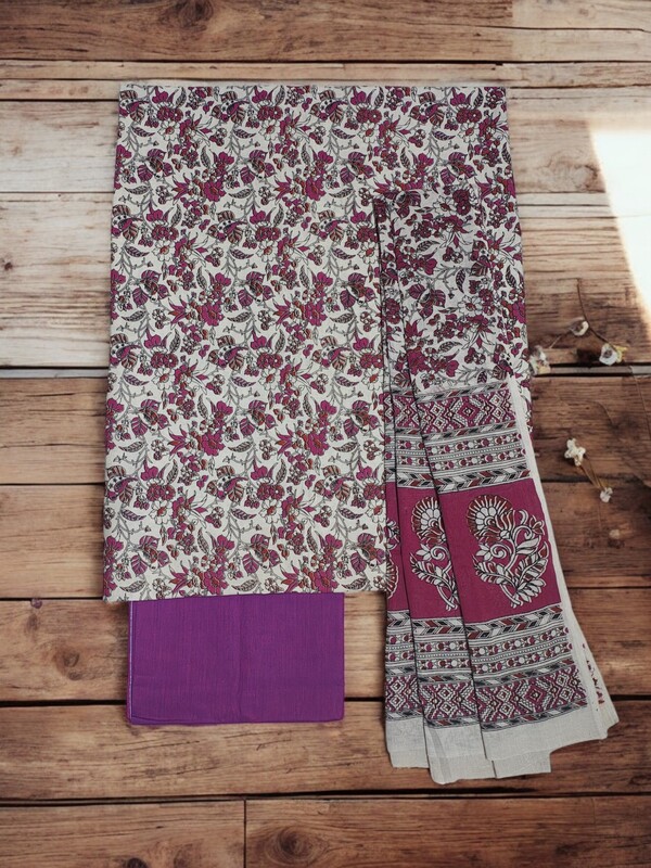 Purple & Maroon Cotton Hand Block Print Unstitched Salwar Suit Set with cotton Dupatta for Women Purple & Maroon Cotton Hand Block Print Unstitched Salwar Suit Set with cotton Dupatta for Women