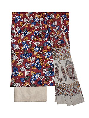 Maroon kalamkari Hand block Print Cotton Unstitched Salwar Suit Set with cotton Dupatta for Women