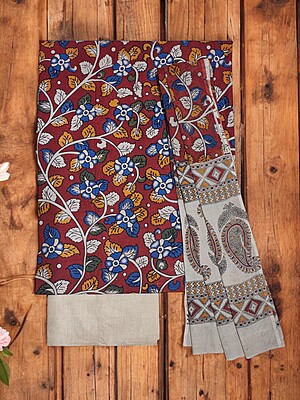 Maroon kalamkari Hand block Print Cotton Unstitched Salwar Suit Set with cotton Dupatta for Women