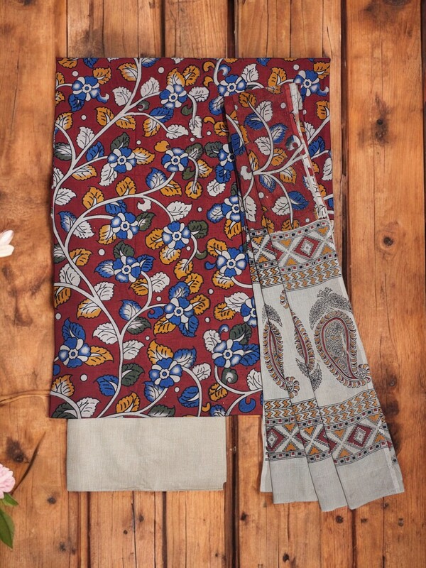 Maroon kalamkari Hand block Print Cotton Unstitched Salwar Suit Set with cotton Dupatta for Women