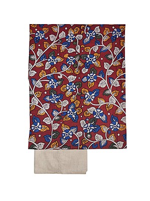 Maroon kalamkari Hand block Print Cotton Unstitched Salwar Suit Set with cotton Dupatta for Women