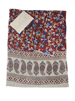 Maroon kalamkari Hand block Print Cotton Unstitched Salwar Suit Set with cotton Dupatta for Women