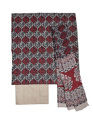 Maroon & Beige Cotton Hand Block Print Unstitched Salwar Suit Set with cotton Dupatta for Women