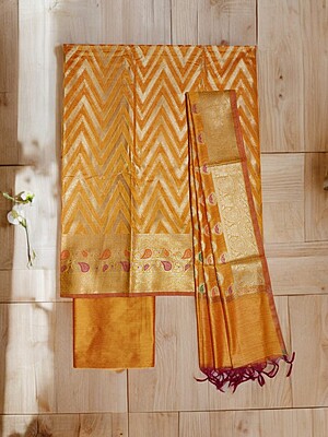 Yellow Banarasi Cotton Silk Unstitched Salwar Suit Dress Material for Women