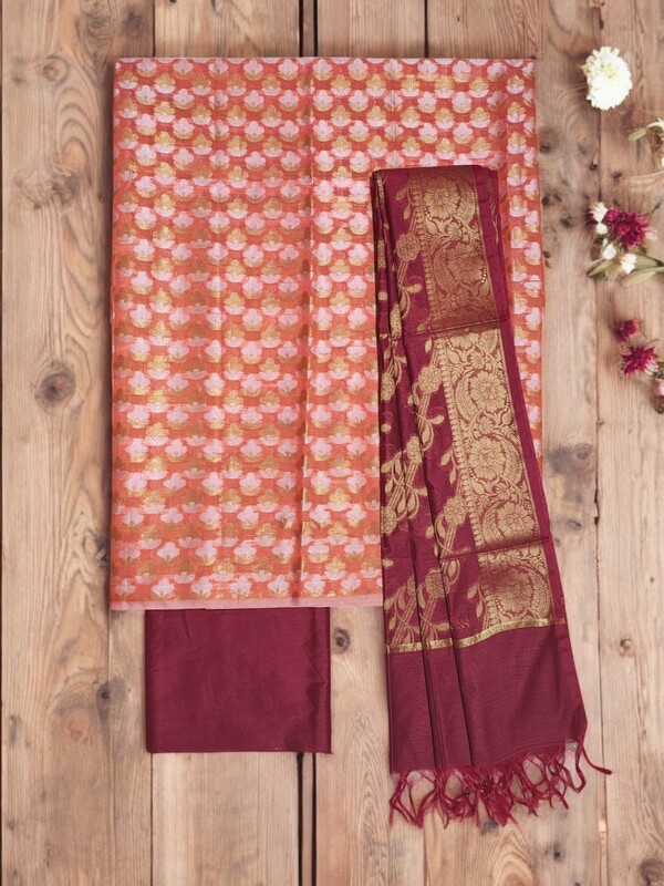 Peach & Maroon Unstitched Banarasi Cotton Silk Dress Material with Dupatta for Women Peach & Maroon Unstitched Banarasi Cotton Silk Dress Material with Dupatta for Women