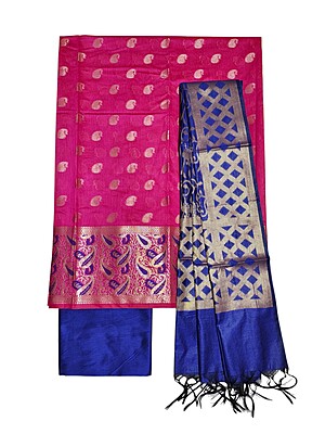 Pink & Blue Unstitched Banarasi Cotton Silk Dress Material with Dupatta for Women Pink & Blue Unstitched Banarasi Cotton Silk Dress Material with Dupatta for Women
