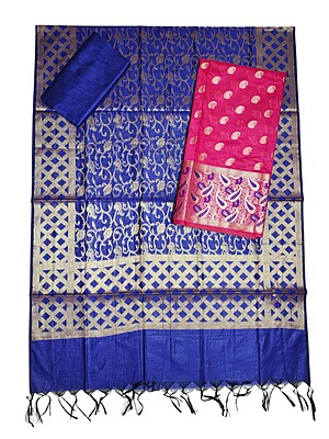 Pink & Blue Unstitched Banarasi Cotton Silk Dress Material with Dupatta for Women Pink & Blue Unstitched Banarasi Cotton Silk Dress Material with Dupatta for Women