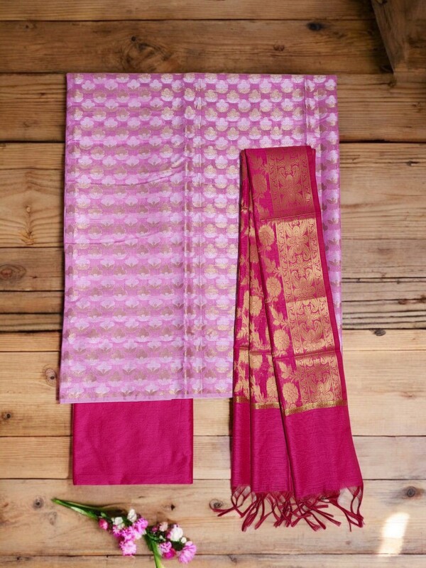 Pink & Magenta Unstitched Banarasi Cotton Silk Dress Material with Dupatta for Women Pink & Magenta Unstitched Banarasi Cotton Silk Dress Material with Dupatta for Women