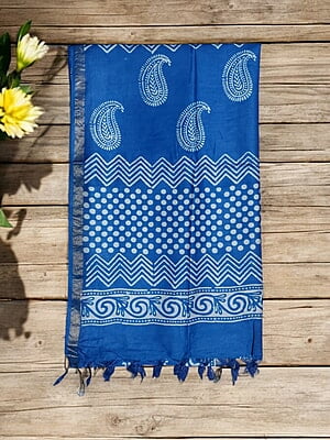 Blue Block Print Silk Saree with Running Blouse Blue Block Print Silk Saree with Running Blouse