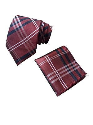 Burgundy Striped Necktie with Pocket Square