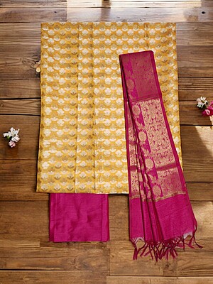Pink & Red Unstitched Banarasi Cotton Silk Dress Material with Dupatta for Women Pink & Red Unstitched Banarasi Cotton Silk Dress Material with Dupatta for Women
