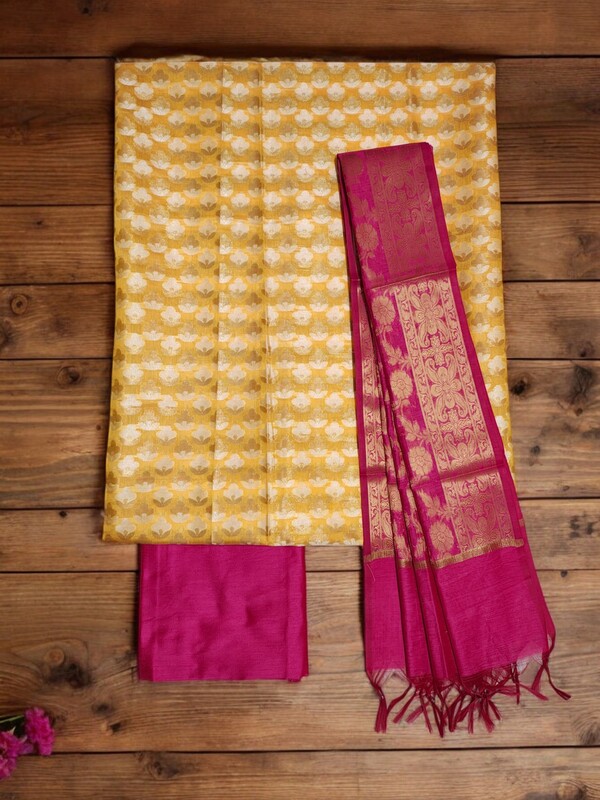 Pink & Red Unstitched Banarasi Cotton Silk Dress Material with Dupatta for Women Pink & Red Unstitched Banarasi Cotton Silk Dress Material with Dupatta for Women